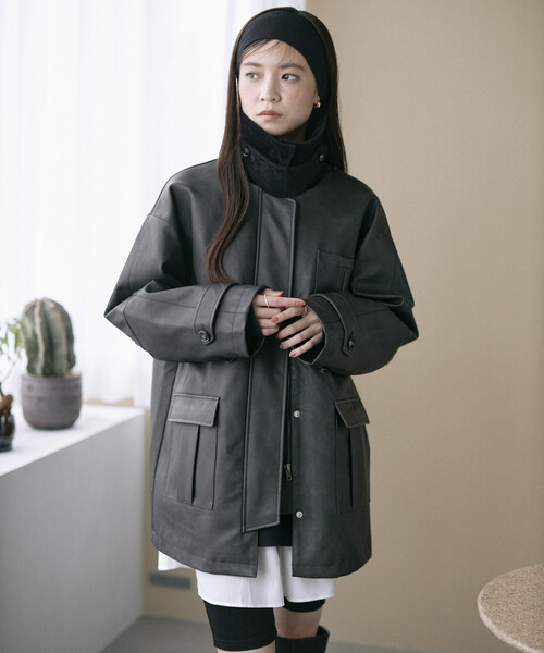 Firsthand（ファーストハンド）の「Firsthand/ファーストハンド オーバーサイズ クラッシュ レザレットジャケット / 衿 コーデュロイ / 2WAY スタンドカラー ブルゾン（ブルゾン・レディース・ブラック/ブラウン・MEDIUM/SMALL）」の7枚目の写真