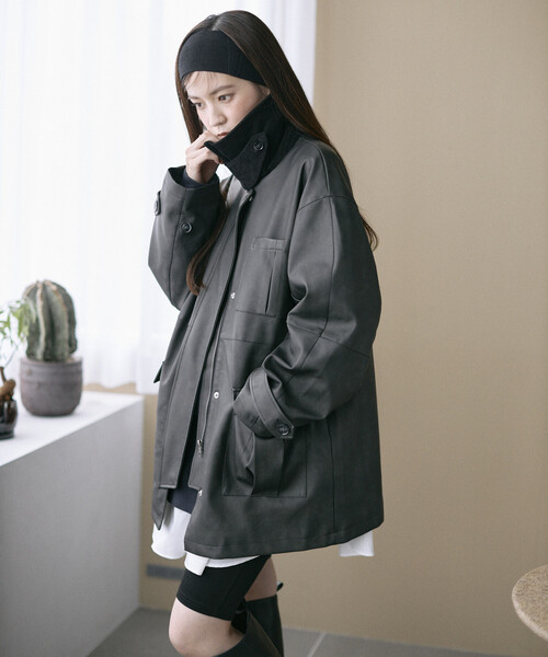 Firsthand（ファーストハンド）の「Firsthand/ファーストハンド オーバーサイズ クラッシュ レザレットジャケット / 衿 コーデュロイ / 2WAY スタンドカラー ブルゾン（ブルゾン・レディース・ブラック/ブラウン・MEDIUM/SMALL）」の12枚目の写真