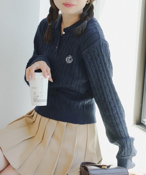 Another Branch olive des olive(アナザーブランチオリーブデオリーブ)の「ワンポイント刺繍ポロニット(ニット/セーター・レディース・グレー/ボルドー/ネイビー/アイボリー・FREE)」の3枚目の写真