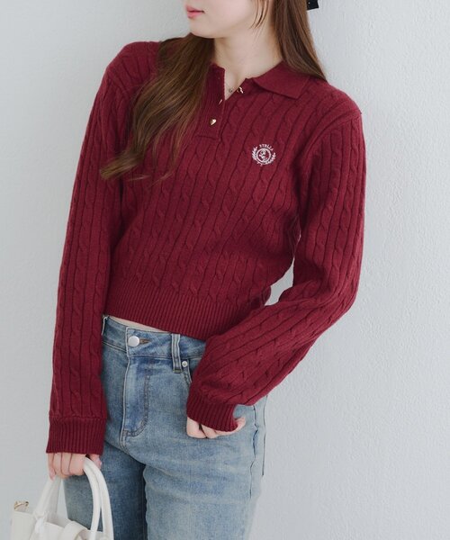 Another Branch olive des olive(アナザーブランチオリーブデオリーブ)の「ワンポイント刺繍ポロニット(ニット/セーター・レディース・グレー/ボルドー/ネイビー/アイボリー・FREE)」の4枚目の写真