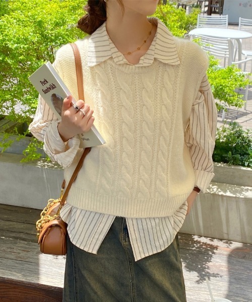 セール】ケーブル編みオーバーサイズ クルーネックニットベスト