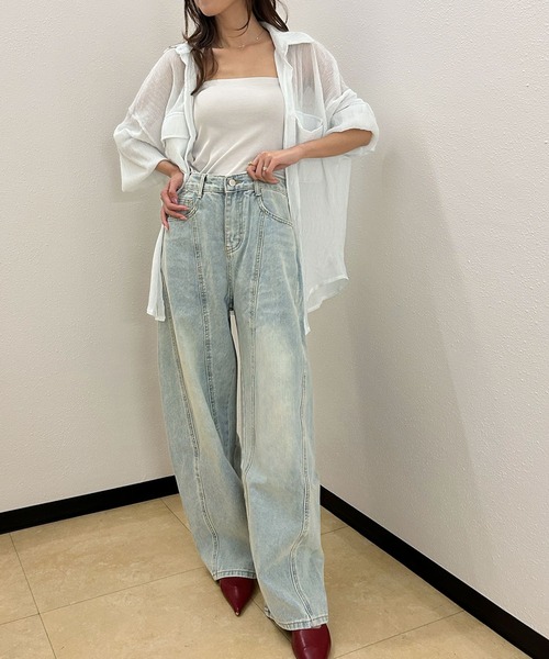Ampirula(アンピルーラ)の「ラメ シアーシャツ ブラウス 長袖 オーバーサイズ ロング(シャツ/ブラウス・レディース・ブラック/ホワイト・FREE)」の3枚目の写真