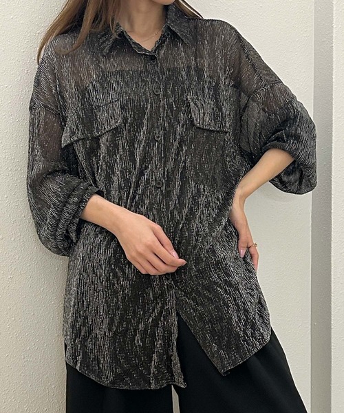 Ampirula(アンピルーラ)の「ラメ シアーシャツ ブラウス 長袖 オーバーサイズ ロング(シャツ/ブラウス・レディース・ブラック/ホワイト・FREE)」の8枚目の写真
