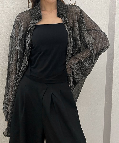 Ampirula(アンピルーラ)の「ラメ シアーシャツ ブラウス 長袖 オーバーサイズ ロング(シャツ/ブラウス・レディース・ブラック/ホワイト・FREE)」の9枚目の写真