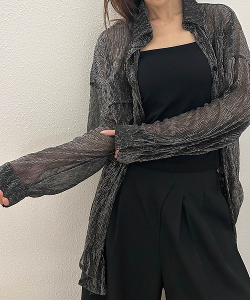 Ampirula(アンピルーラ)の「ラメ シアーシャツ ブラウス 長袖 オーバーサイズ ロング(シャツ/ブラウス・レディース・ブラック/ホワイト・FREE)」の10枚目の写真