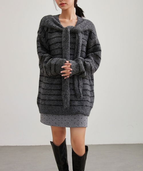 Lace Ladies（レースレディース）の「ボーダー 肩掛け デザイン ニット プルオーバー（ニット/セーター・レディース・ホワイト/グレー/ブラック・FREE）」の13枚目の写真