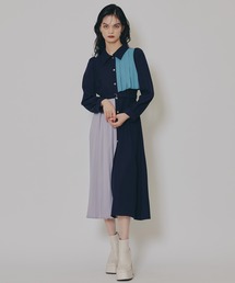 カラーブロックパネルアシメプリーツワンピース