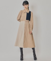 カラーブロックパネルアシメプリーツワンピース