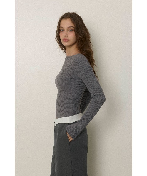 セール】Rib Knit Long Sleeve Top /背中開きニットトップス（ニット