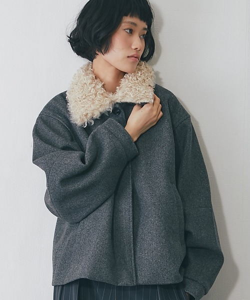 セール】2WAYフェイクウール襟プードルファーショートジャケット