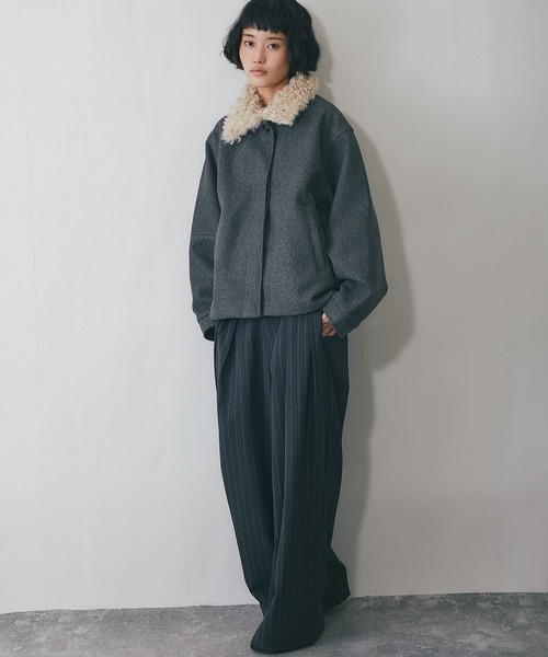 2WAYフェイクウール襟プードルファーショートジャケット（ブルゾン