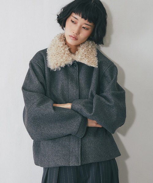 セール】2WAYフェイクウール襟プードルファーショートジャケット