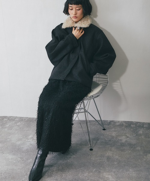 2WAYフェイクウール襟プードルファーショートジャケット（ブルゾン