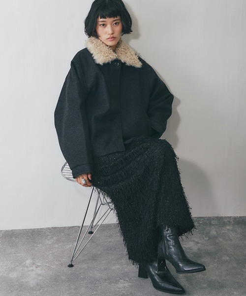 2WAYフェイクウール襟プードルファーショートジャケット（ブルゾン