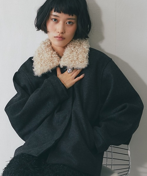 2WAYフェイクウール襟プードルファーショートジャケット（ブルゾン
