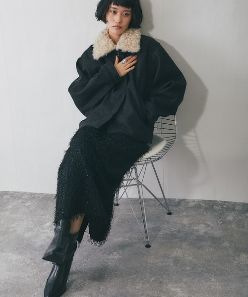 2WAYフェイクウール襟プードルファーショートジャケット（ブルゾン