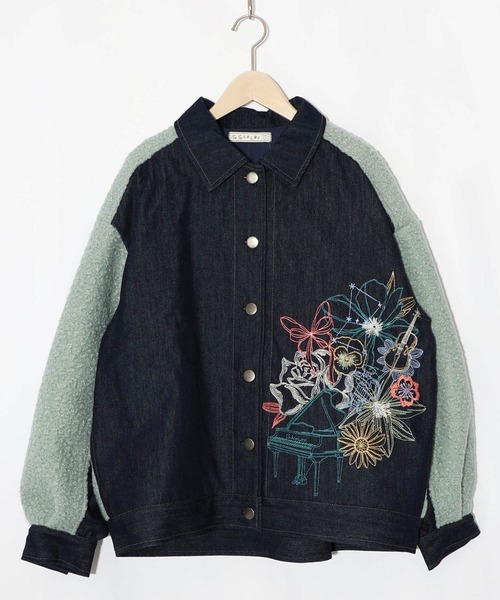 イズスカラー　553250：花蝶刺繍デニム×プードルボア 切替ジャケット セール】553250：花蝶刺繍デニム×プードルボア 切替ジャケット（デニム