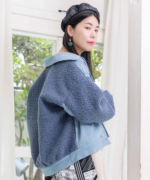 セール】553250：花蝶刺繍デニム×プードルボア 切替ジャケット（デニム
