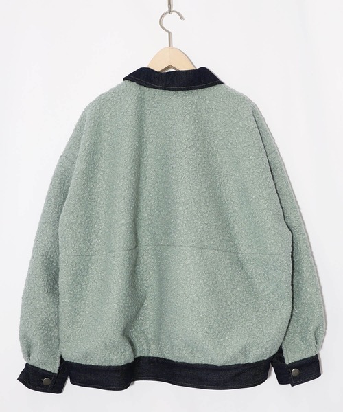 セール】553250：花蝶刺繍デニム×プードルボア 切替ジャケット（デニム