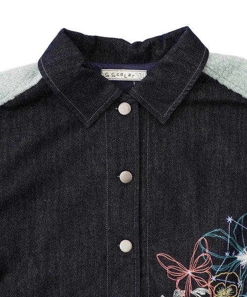 セール】553250：花蝶刺繍デニム×プードルボア 切替ジャケット（デニム