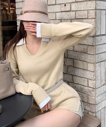 ドッキングVネックニットミニワンピース ベルト付き