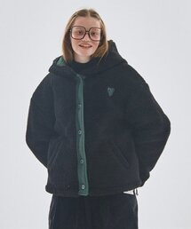 SOME PLACE（サムプレイス）の「羊毛オーバーサイズ配色刺繍フリースフードミディジャケットジャンパー[ブラック]（その他アウター）」