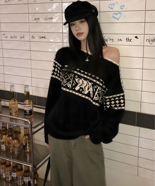 CANVAS+(キャンバスプラス)の「【CANVAS+】ノルディック柄ニットトップス(ニット/セーター・レディース・ブラック/レッド・M)」の9枚目の写真