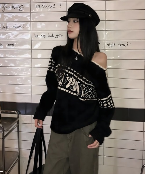 CANVAS+(キャンバスプラス)の「【CANVAS+】ノルディック柄ニットトップス(ニット/セーター・レディース・ブラック/レッド・M)」の10枚目の写真