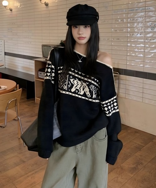 CANVAS+(キャンバスプラス)の「【CANVAS+】ノルディック柄ニットトップス(ニット/セーター・レディース・ブラック/レッド・M)」の11枚目の写真