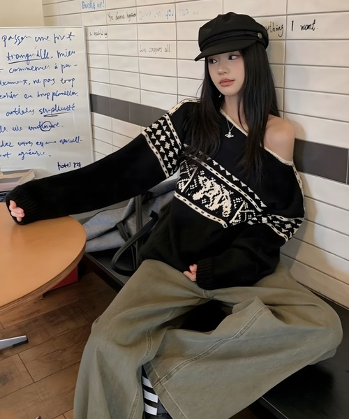 CANVAS+(キャンバスプラス)の「【CANVAS+】ノルディック柄ニットトップス(ニット/セーター・レディース・ブラック/レッド・M)」の13枚目の写真