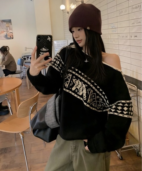 CANVAS+(キャンバスプラス)の「【CANVAS+】ノルディック柄ニットトップス(ニット/セーター・レディース・ブラック/レッド・M)」の16枚目の写真