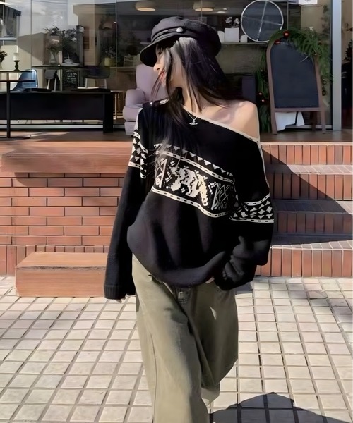 CANVAS+(キャンバスプラス)の「【CANVAS+】ノルディック柄ニットトップス(ニット/セーター・レディース・ブラック/レッド・M)」の19枚目の写真