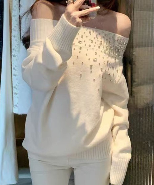 SPIGA（スピーガ）の「ﾗｲﾝｽﾄｰﾝｵﾌｼｮﾙﾆｯﾄ（ニット/セーター・レディース・ホワイト/ピンク/グレー/ブルー・FREE）」の5枚目の写真