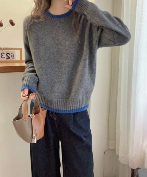 Ritzy（リッツィー）の「首＆袖＆裾配色切り替え クルーネックニット（ニット/セーター・レディース・ブルー/イエロー・FREE）」の3枚目の写真