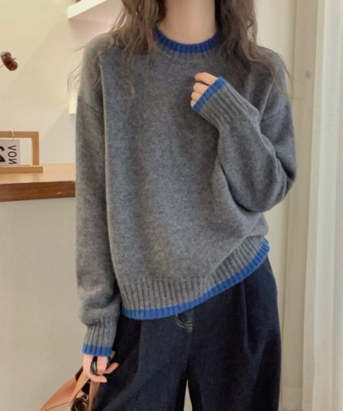 Ritzy（リッツィー）の「首＆袖＆裾配色切り替え クルーネックニット（ニット/セーター・レディース・ブルー/イエロー・FREE）」の4枚目の写真