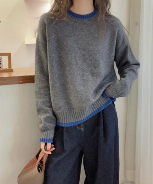 Ritzy（リッツィー）の「首＆袖＆裾配色切り替え クルーネックニット（ニット/セーター・レディース・ブルー/イエロー・FREE）」の5枚目の写真