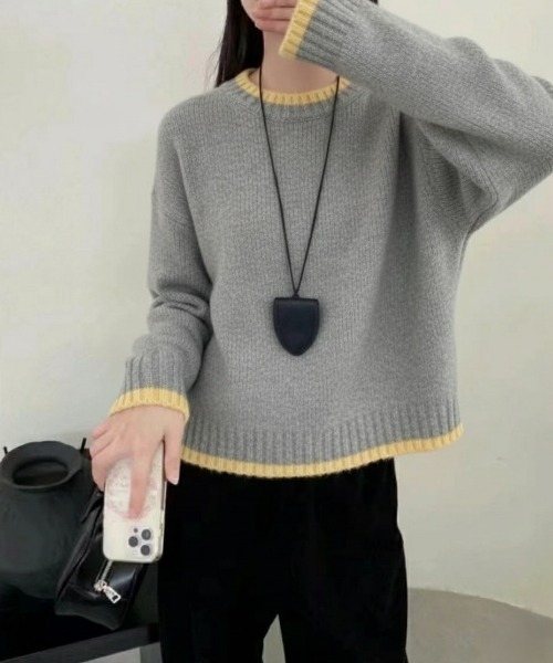 Ritzy（リッツィー）の「首＆袖＆裾配色切り替え クルーネックニット（ニット/セーター・レディース・ブルー/イエロー・FREE）」の9枚目の写真