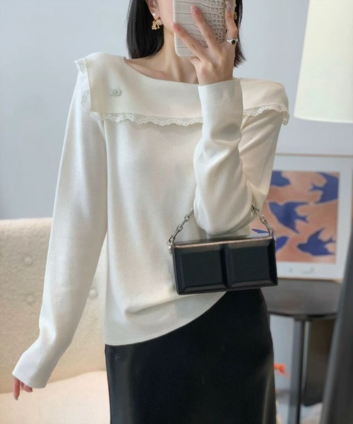 STAY MOTION（ステイモーション）の「【WEB限定】レース付きオフショルダーニット［韓国ファッション カジュアル］≪新作≫（ニット/セーター・レディース・オフホワイト/グレー・F）」の2枚目の写真