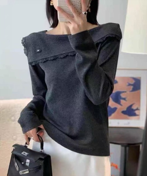 STAY MOTION（ステイモーション）の「【WEB限定】レース付きオフショルダーニット［韓国ファッション カジュアル］≪新作≫（ニット/セーター・レディース・オフホワイト/グレー・F）」の3枚目の写真