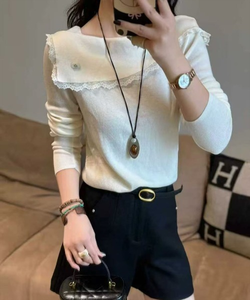 STAY MOTION（ステイモーション）の「【WEB限定】レース付きオフショルダーニット［韓国ファッション カジュアル］≪新作≫（ニット/セーター・レディース・オフホワイト/グレー・F）」の5枚目の写真