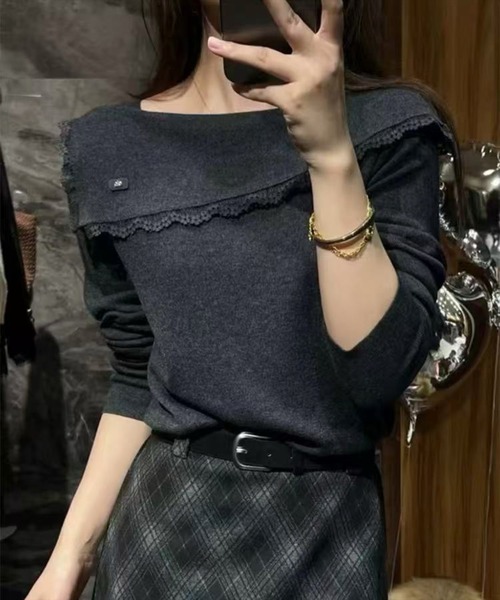 STAY MOTION（ステイモーション）の「【WEB限定】レース付きオフショルダーニット［韓国ファッション カジュアル］≪新作≫（ニット/セーター・レディース・オフホワイト/グレー・F）」の4枚目の写真