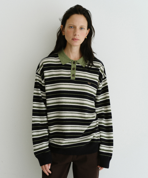 URAGO（ユラーゴ）の「Stripe wool pique knit（ポロシャツ・レディース・ブラウン/ネイビー・FREE）」の3枚目の写真