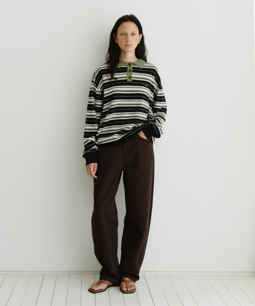 URAGO（ユラーゴ）の「Stripe wool pique knit（ポロシャツ・レディース・ブラウン/ネイビー・FREE）」の4枚目の写真