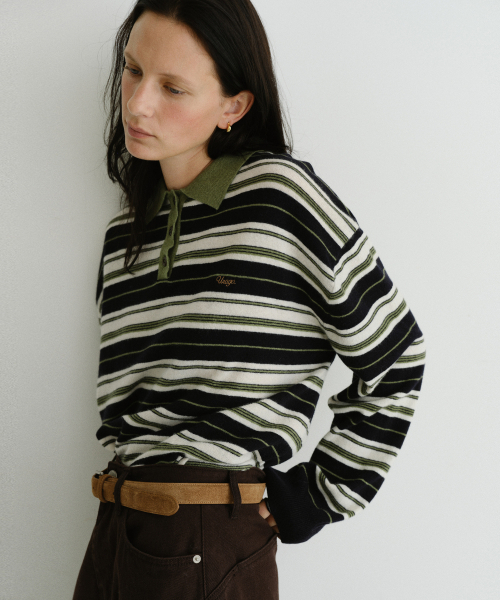 URAGO（ユラーゴ）の「Stripe wool pique knit（ポロシャツ・レディース・ブラウン/ネイビー・FREE）」の5枚目の写真