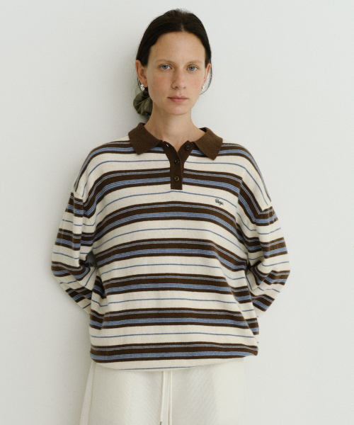 URAGO（ユラーゴ）の「Stripe wool pique knit（ポロシャツ・レディース・ブラウン/ネイビー・FREE）」の6枚目の写真