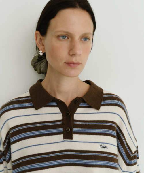 URAGO（ユラーゴ）の「Stripe wool pique knit（ポロシャツ・レディース・ブラウン/ネイビー・FREE）」の7枚目の写真