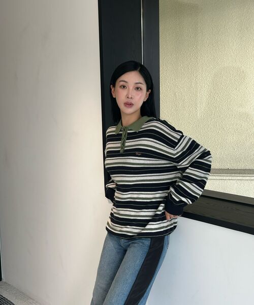 URAGO（ユラーゴ）の「Stripe wool pique knit（ポロシャツ・レディース・ブラウン/ネイビー・FREE）」の12枚目の写真