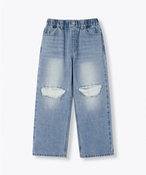 MUSINSA STANDARD KIDS（ムシンサスタンダードキッズ）の「ディストロイドニワイドバンディングデニムパンツ[ライトインディゴ]（デニムパンツ・レディース・その他・150/110/120/160/140/130）」の2枚目の写真