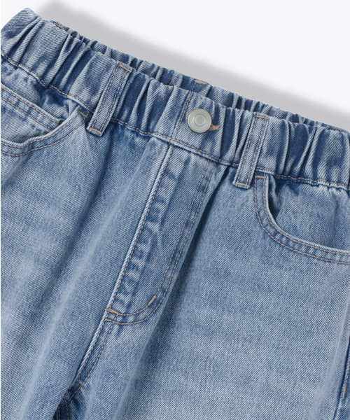 MUSINSA STANDARD KIDS（ムシンサスタンダードキッズ）の「ディストロイドニワイドバンディングデニムパンツ[ライトインディゴ]（デニムパンツ・レディース・その他・150/110/120/160/140/130）」の4枚目の写真