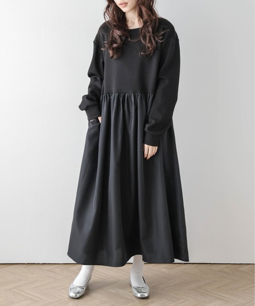 La-gemme(ラジェム)の「ギャザーフレアドッキングワンピース(ワンピース・レディース・ブラック/ベージュ・フリー)」の3枚目の写真